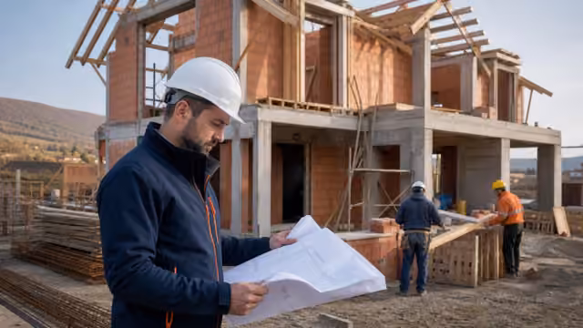 Responsabil de șantier care verifică planurile unei construcții rezidențiale
